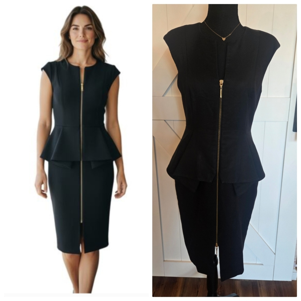 TED BAKER Jamthun Black Peplum Pencil Skirt Dress with Gold Zip- Size 2 (Medium)